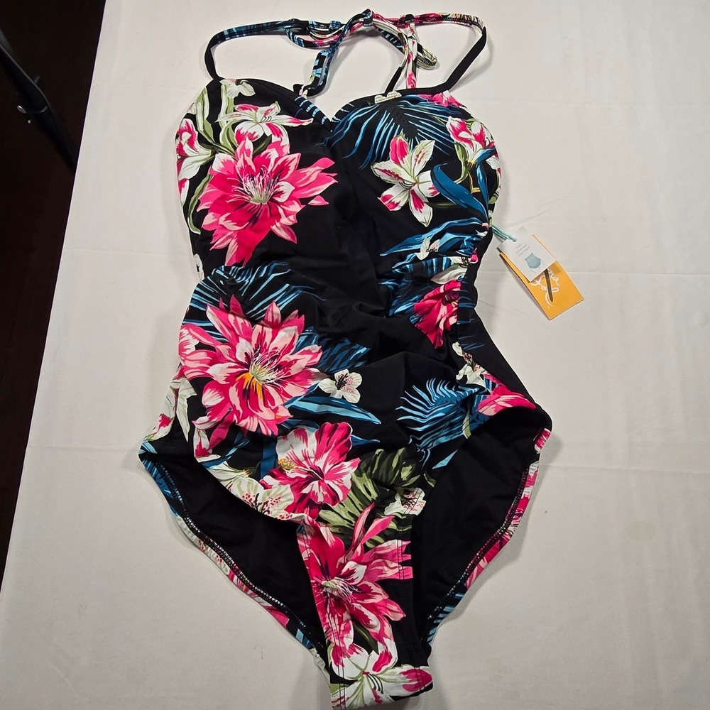 NWT Kona Sol Tropical Floral One Piece Swimsuit Beach Resort Women's Small